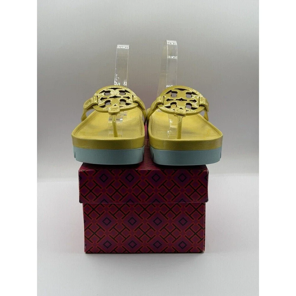 Tory Burch Sandals Miller Yellow Cloud Lug Soft Patent Leather Vacay Sz 10.5 New